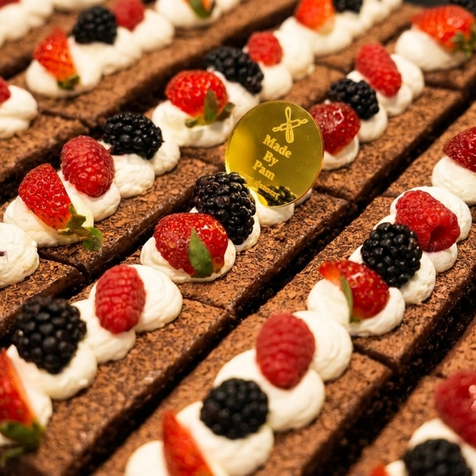 Rows of chocolate brownies topped with whipped cream, strawberries, raspberries, and blackberries.
