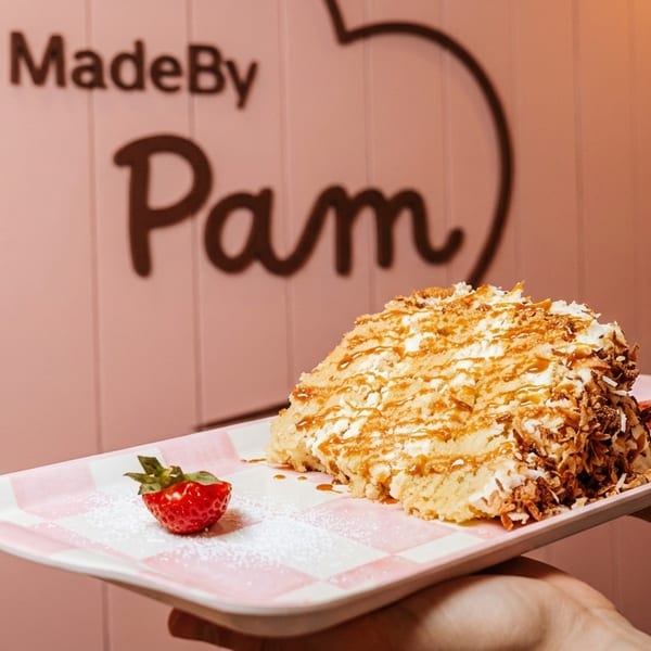 Hands holding a pink checkered plate with a slice of cake and two strawberries, against a pink wall.