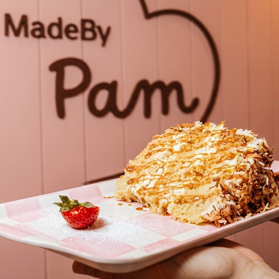 Hands holding a pink checkered plate with a slice of cake and two strawberries, against a pink wall.