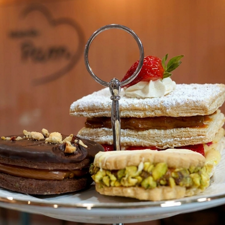 A tiered dessert stand holds a chocolate alfajor, pistachio cookie, and a strawberry mille-feuille.